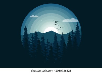 T-shirt nature jungle mountain night beautiful style illustration