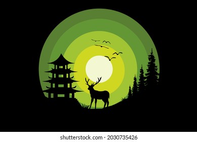 T-shirt nature night deer pine green