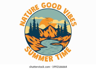 T-shirt nature vibes summer time mountain lake hand drawn retro vintage style