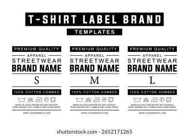 Modelos de etiqueta de pescoço de camiseta. Etiquetas de vestuário Premium editáveis com opções de tamanho e ícones de cuidados para marcas de roupa