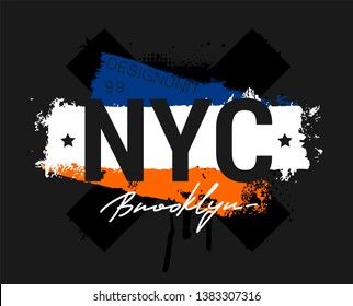 T-shirt - New York City and apparel abstract design. Print with traces of paint and the words NEW YORK, Brooklyn 99. Vector print ( typography, poster, t-shirt design ) Flag of New York City ( NYC )