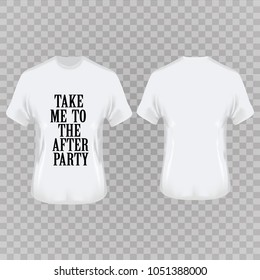 T-shirt on a gray background with the name in front. Men's white t-shirt with short sleeve in front and back views. Vector template. Fully editable handmade mesh.