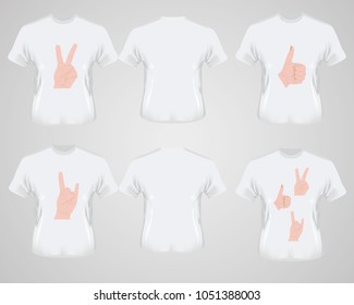 T-shirt on a gray background with the name in front. Men's white t-shirt with short sleeve in front and back views. Vector template. Fully editable handmade mesh.