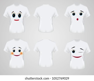 T-shirt on a gray background with the name in front. Men's white t-shirt with short sleeve in front and back views. Vector template. Fully editable handmade mesh.