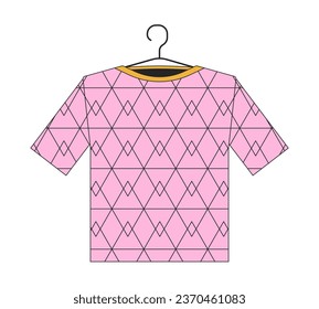 Tshirt on hanger 2D linear cartoon object. T shirt with geometric print isolated line vector element white background. Stylish apparel clothing. Hanging clothes color flat spot illustration