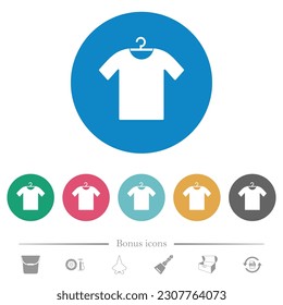 T-shirt on hanger flat white icons on round color backgrounds. 6 bonus icons included.