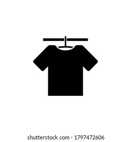 T-shirt on Hanger, Hanging Cotton Clothes. Flat Vector Icon illustration. Simple black symbol on white background. T-shirt on Hanger Hanging Clothes sign design template for web and mobile UI element