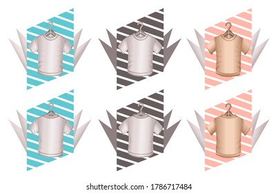 T-shirt on hanger icon set. Front and back view. Tshirt design with short sleeve and round neck. Labels for men's sport, casual clothes. Colored sign for online clothing stores.  Flat vector on white.
