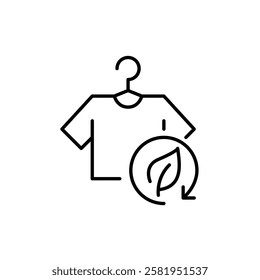 T-shirt on hanger and leaf in recycling arrow. Eco-friendly laundry, sustainable fashion, organic and biodegradable textile. Pixel perfect vector icon