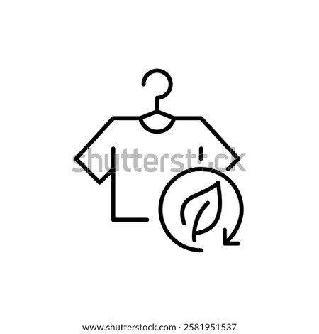 T-shirt on hanger and leaf in recycling arrow. Eco-friendly laundry, sustainable fashion, organic and biodegradable textile. Pixel perfect vector icon