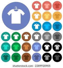 T-shirt on hanger multi colored flat icons on round backgrounds. Included white, light and dark icon variations for hover and active status effects, and bonus shades.
