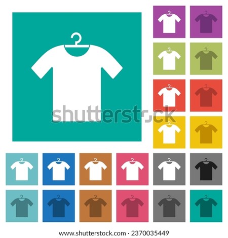 T-shirt on hanger multi colored flat icons on plain square backgrounds. Included white and darker icon variations for hover or active effects.