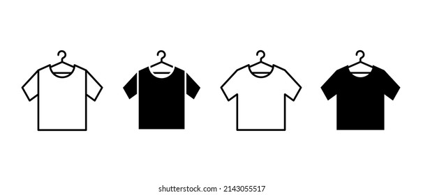 Camiseta en los iconos del vector de la suspensión. Taller de ropa o lavandería, símbolo de limpieza de ropa