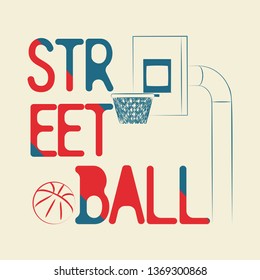 T-shirt on the sports theme. Streetball. Free style. Emblem for printing on t-shirts, posters, stickers, cards, etc. Vector image.