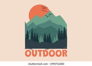 T-shirt outdoor mountain beautiful sky pine landscape sunset retro style vintage