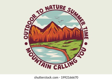 T-shirt outdoor nature summer time mountain calling hand drawn retro vintage style