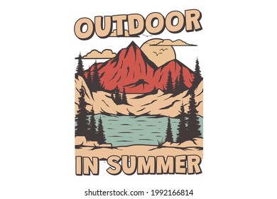 T-shirt outdoor summer mountain hand drawn retro vintage style