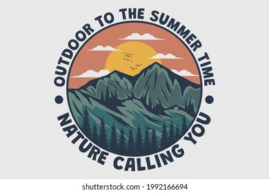 T-shirt outdoor summer time nature calling mountain hand drawn retro vintage style