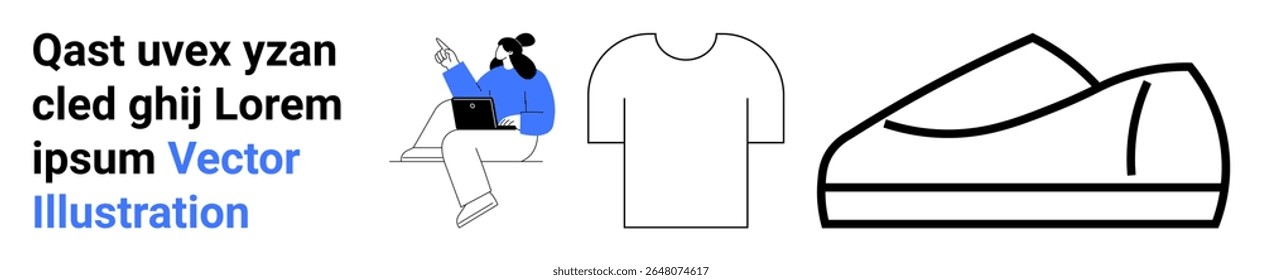 T-shirt outline, simple shoe design, person working on laptop in casual sitting pose. Ideal for casual fashion, work-from-home, comfort, simplicity, productivity, and lifestyle themes. Landing page