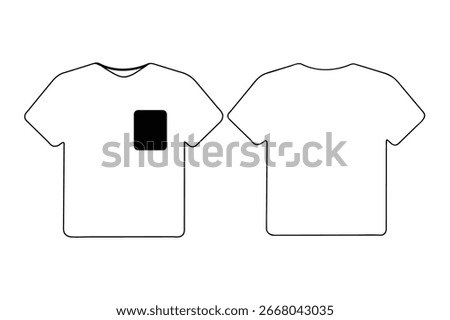  T-shirt outlines, one with a black pocket, front and back views, simple line art, clean, minimalist, flat lighting, isolated on white.
