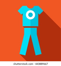 Tshirt and pants, sports uniform icon in flat style on an orange background