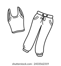 T-shirt and pants vector icon. Unisex tracksuit or pajamas. Stylish cotton clothing for sports, fitness, yoga, sleep, relaxation. Fabric uniform, top and jogger. Hand drawn black and white doodle