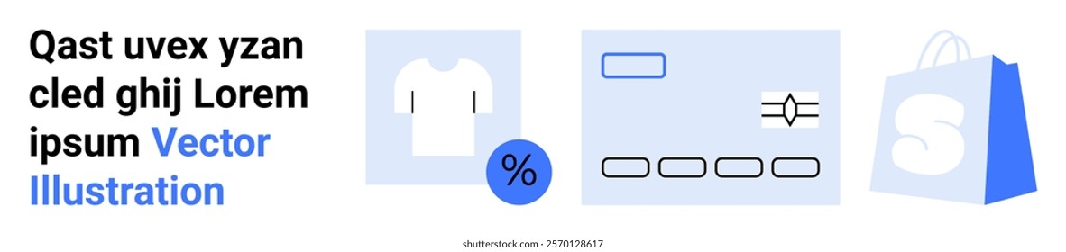 A T-shirt, a percentage symbol, a credit card, and a shopping bag. Ideal for e-commerce, retail, online shopping, discounts, and payment gateways. Landing page