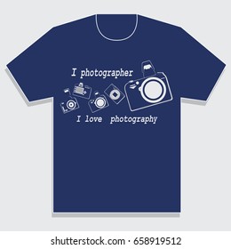 T-shirt for the photographer with photographic equipment. Words I love photography . Emblem. Making dark blue t-shirt. Vector image. Design for textile fabric printing.