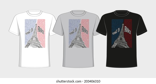 T-shirt with a picture of the Eiffel Tower from the names of the attractions of France. 