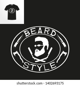 T-shirt with a picture of a man with a beard and shaving accessories. Vector illustration.