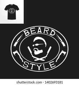 T-shirt with a picture of a man with a beard and shaving accessories. Vector illustration.