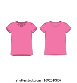 T-shirt in pink color for women isolated isolated on white background. Sportswear, casual urban style. Front and back technical sketch. Fashion vector illustration