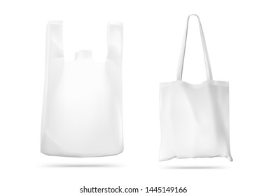 T-shirt Plastic Bag Package And Textile Tote Bag For Shopping Mockup. Vector Illustration Isolated On White Background. Ready For Your Design, Promo And Etc. EPS10.	