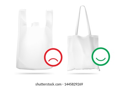 T-shirt plastic bag package and textile tote bag for shopping mockup. Vector illustration isolated on white background. Ready for your design, promo and etc. EPS10.	