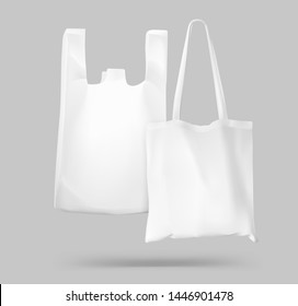 T-shirt plastic bag package and textile tote bag for shopping mockup. Vector illustration on grey background. Ready for your design, promo and etc. EPS10.	