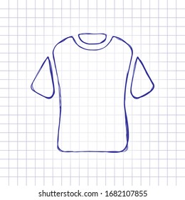 T-shirt or polo dress. Hand drawn picture on paper sheet. Blue ink, outline sketch style. Doodle on checkered background