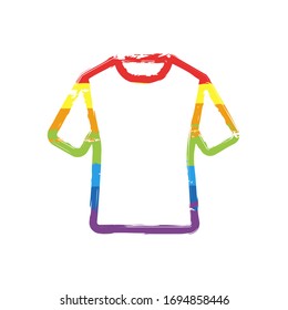 T-shirt or polo dress, outline design. Drawing sign with LGBT style, seven colors of rainbow (red, orange, yellow, green, blue, indigo, violet