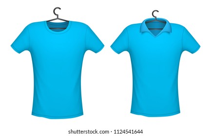 T-shirt and Polo light blue color mockup for design print, vector illustration