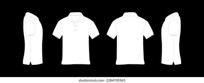 Ilustración vectorial blanca de polo de camiseta, polo blanco de fondo negro aislado, frente de camiseta, espalda de camiseta y diseño de manga de camiseta para la burla, arte de camisetas lisas