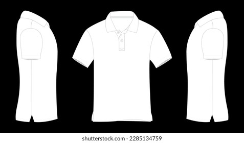 Ilustración vectorial blanca de polo de camiseta, polo blanco de fondo negro aislado, frente de camiseta, espalda de camiseta y diseño de manga de camiseta para la burla, arte de camisetas lisas