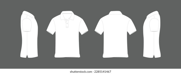 T-shirt polo white vector illustration, white polo t-shirt isolated grey background, t-shirt front, t-shirt back and t shirt sleeve design for mockup, plain t shirt artwork