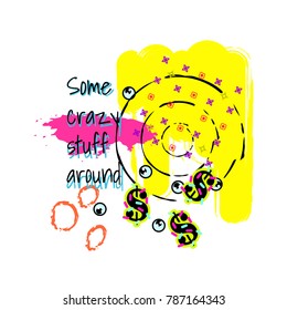 Tshirt pop art neon colors design vector. Chaotic collage poster template text phrase.
