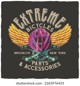 T-shirt or poster design with bicycle parts, helmet and wings
