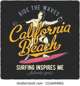 T-shirt or poster design with hand drawn illustration of man riding on surfing board