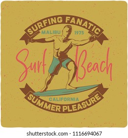 T-shirt or poster design with hand drawn illustration of man riding on surfing board