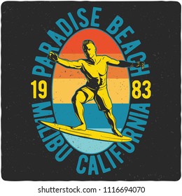 T-shirt or poster design with hand drawn illustration of man riding on surfing board