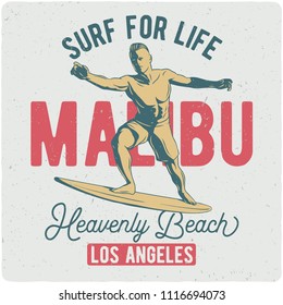 T-shirt or poster design with hand drawn illustration of man riding on surfing board