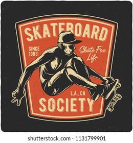 T-shirt or poster design with hand drawn illustration of boy flying on skateboard