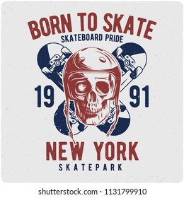 T-shirt or poster design with hand drawn illustration of skull in skateboard helmet and two skateboards