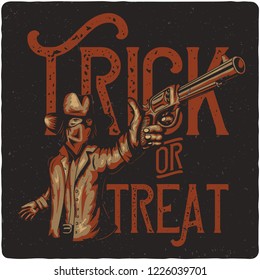 T-shirt or poster design with hand drawn cowboy with pistol.